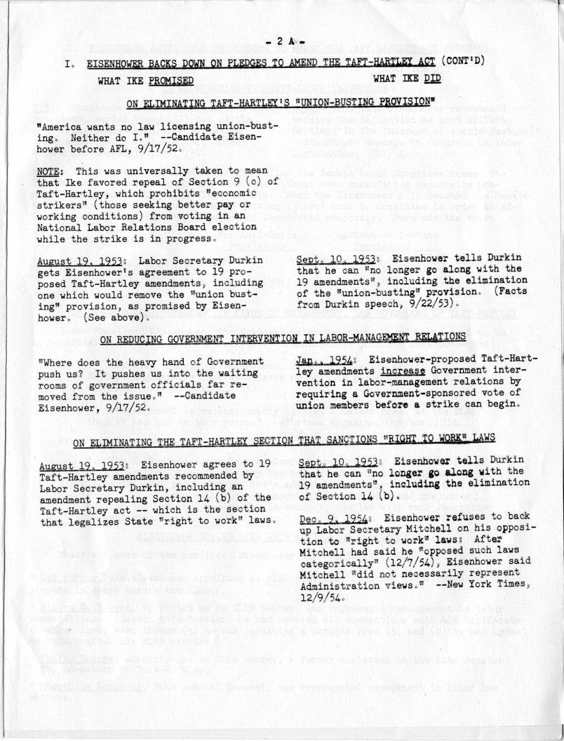 Democratic Fact Sheet Pamphlet, â€œThe Eisenhower Record Against the American Workerâ€
