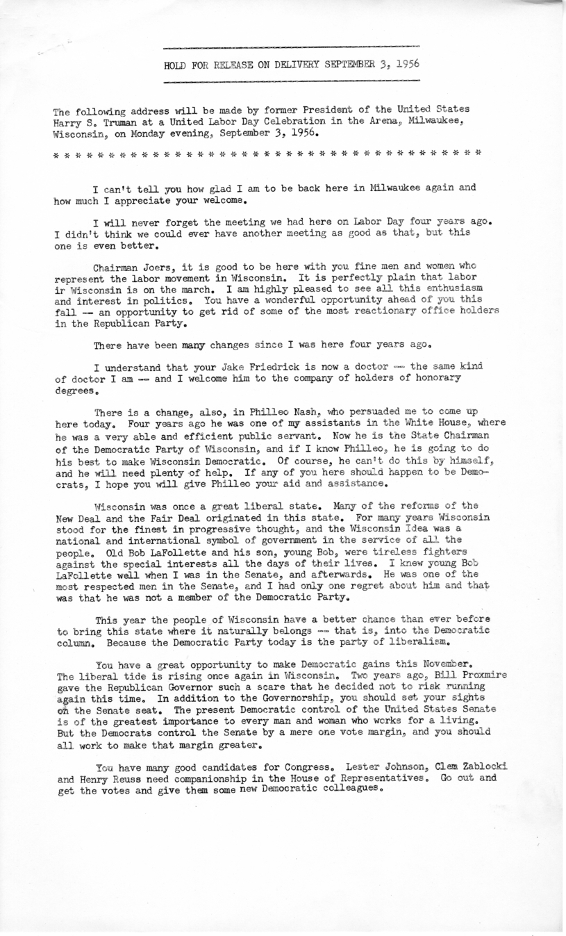 Press Release of Speech Delivered by Harry S. Truman in Milwaukee, Wisconsin