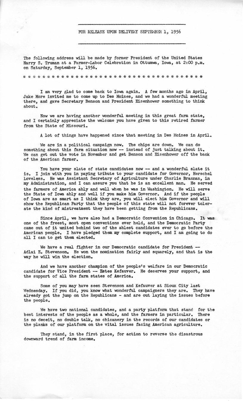 Press Release of Speech Delivered by Harry S. Truman in Ottumwa, Iowa
