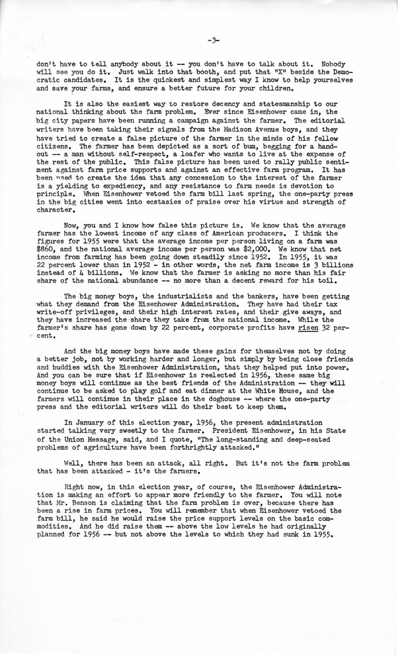 Press Release of Speech Delivered by Harry S. Truman in Ottumwa, Iowa