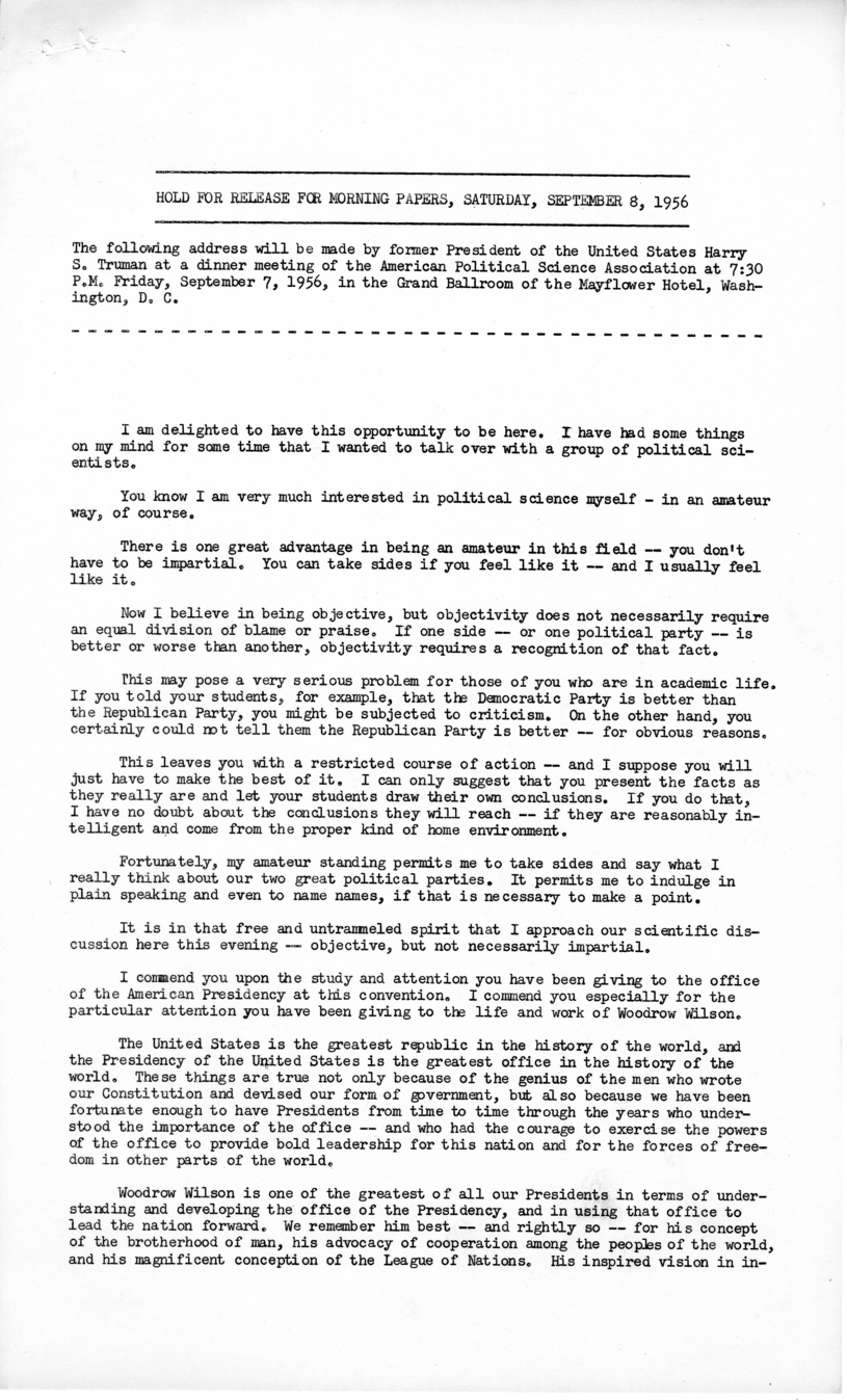 Press Release of Speech Delivered by Harry S. Truman Before the American Political Science Association, Washington, D.C.