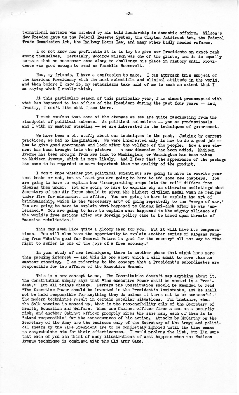 Press Release of Speech Delivered by Harry S. Truman Before the American Political Science Association, Washington, D.C.