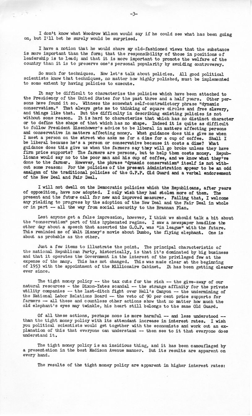 Press Release of Speech Delivered by Harry S. Truman Before the American Political Science Association, Washington, D.C.