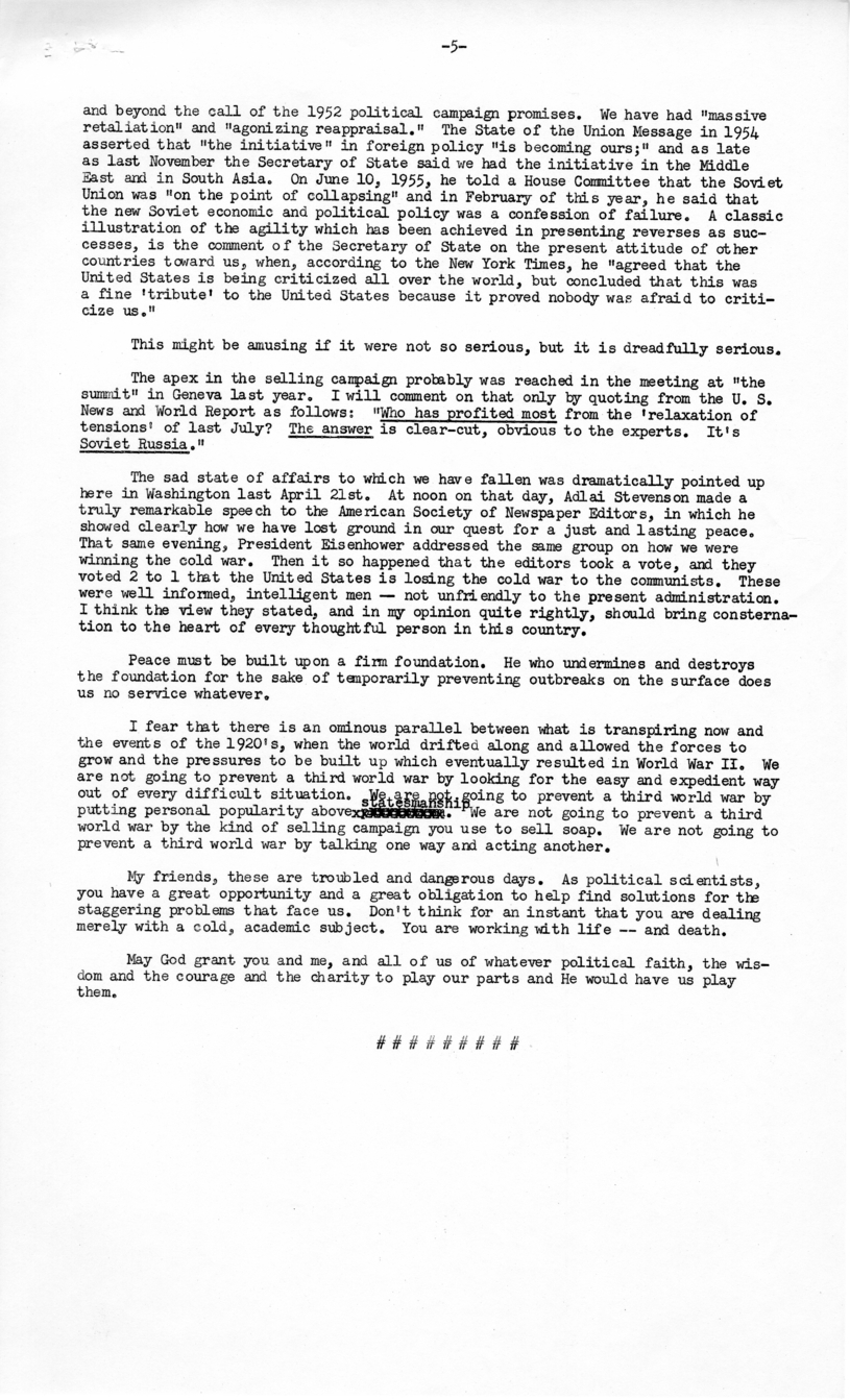 Press Release of Speech Delivered by Harry S. Truman Before the American Political Science Association, Washington, D.C.