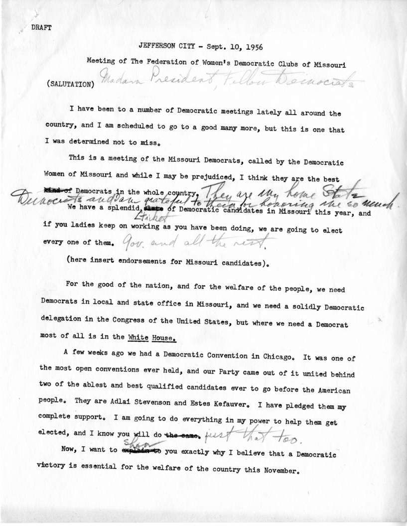 Draft of Speech to be Delivered in Jefferson City, Missouri by Harry S. Truman