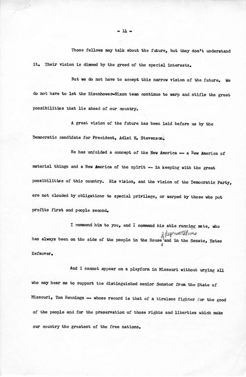 Draft of Speech to be Delivered by Harry S. Truman in St. Louis, Missouri