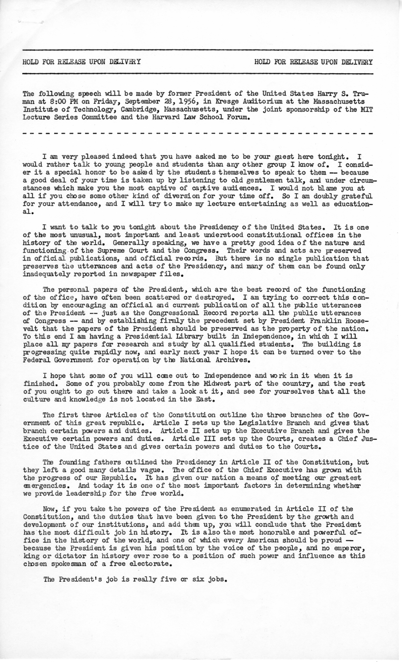 Press Release of Speech Delivered by Harry S. Truman at the Massachusetts Institute of Technology, Cambridge, Massachusetts