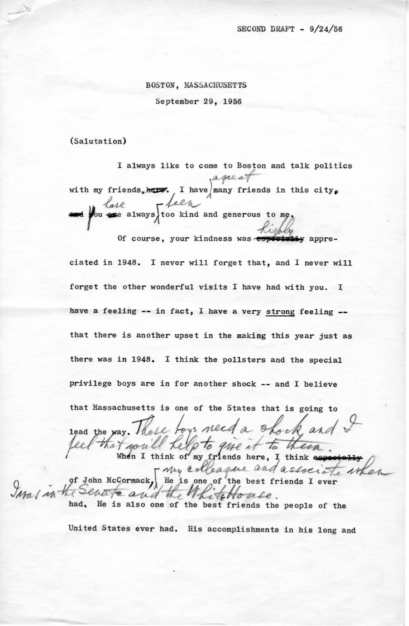 Draft of Speech to be Delivered by Harry S. Truman in Boston, Massachusetts