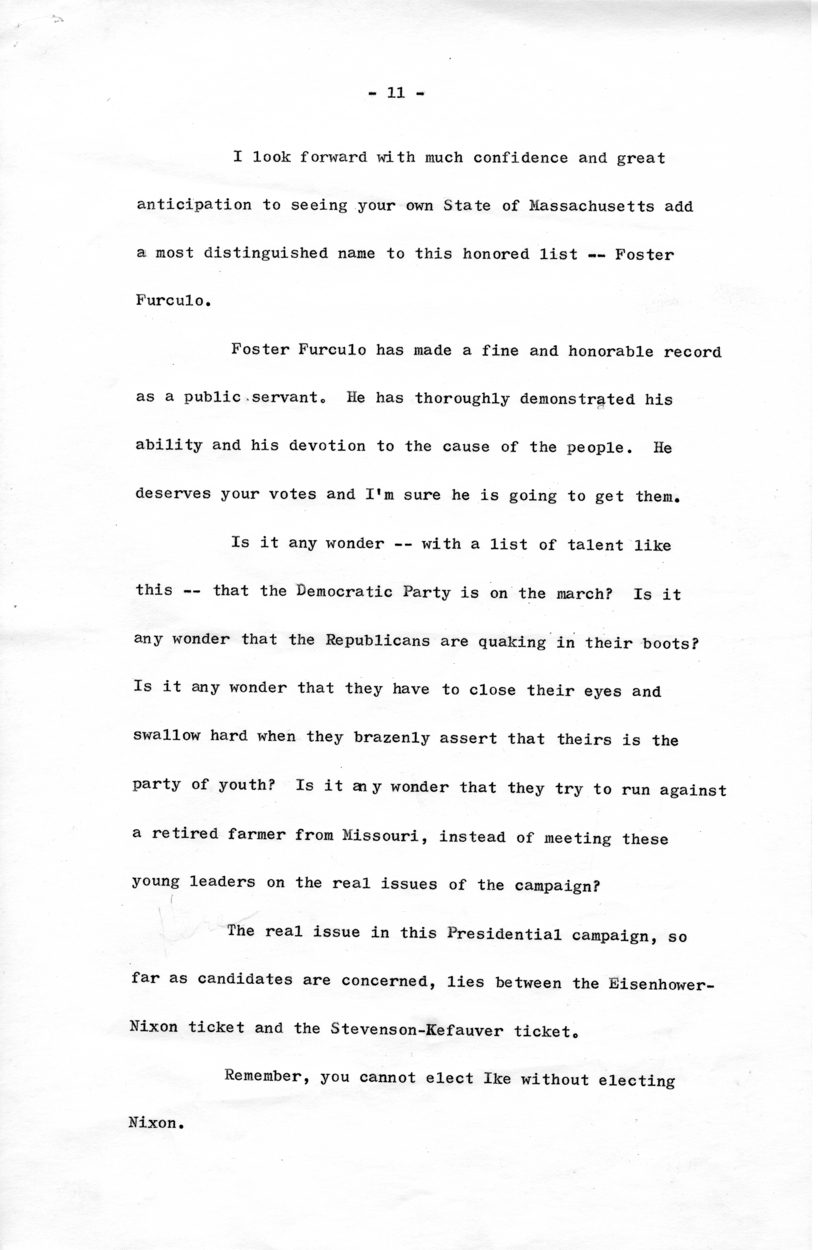 Draft of Speech to be Delivered by Harry S. Truman in Boston, Massachusetts