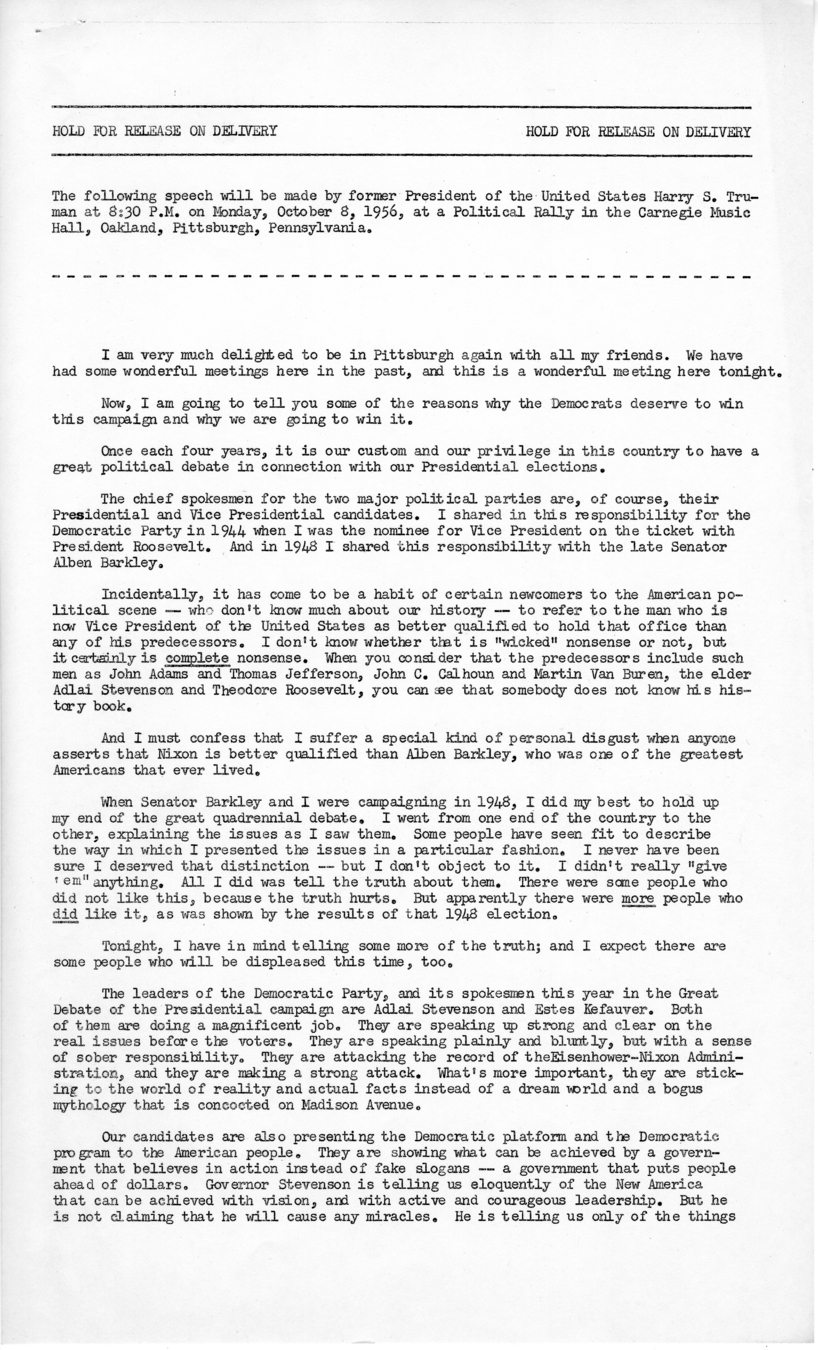 Press Release of Speech Delivered by Harry S. Truman in Pittsburgh, Pennsylvania
