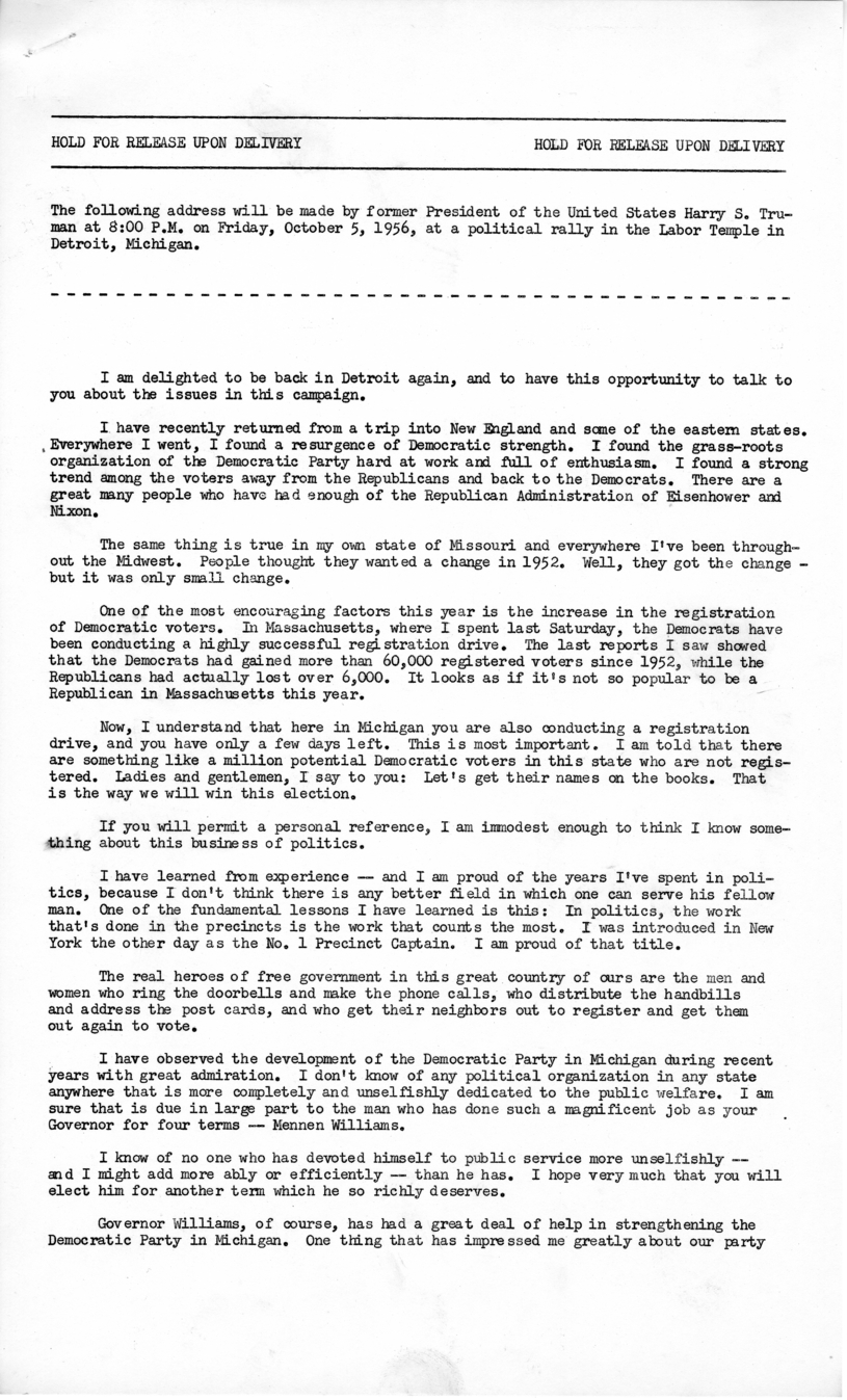Press Release of Speech Delivered by Harry S. Truman in Detroit, Michigan
