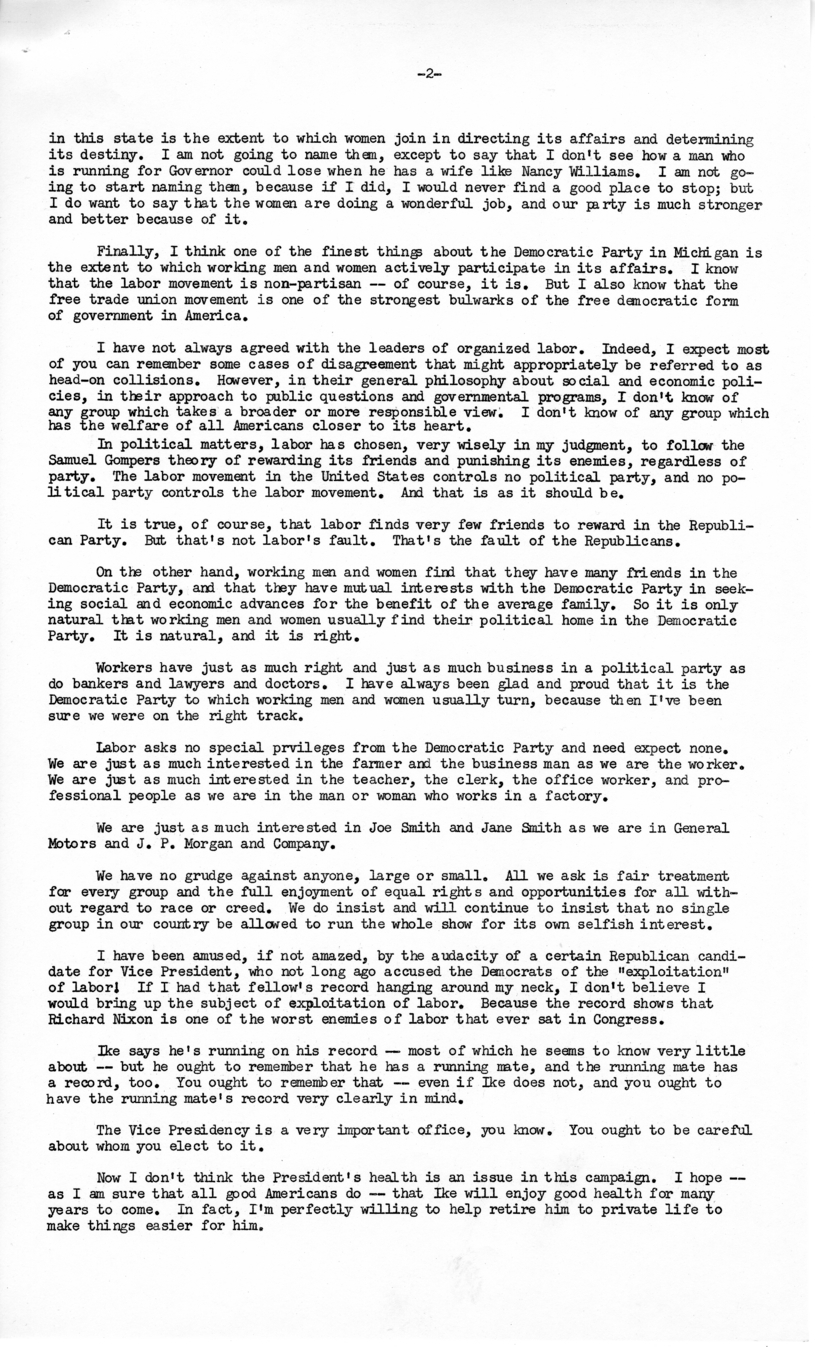 Press Release of Speech Delivered by Harry S. Truman in Detroit, Michigan