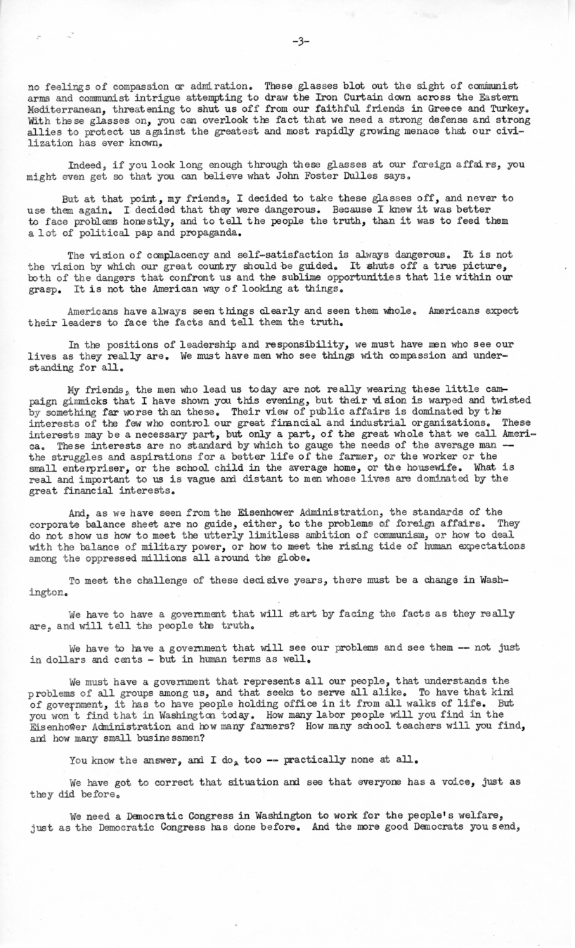 Press Release of Speech Delivered by Harry S. Truman in Monessen, Pennsylvania