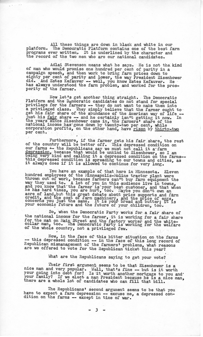Press Release of Speech Delivered by Harry S. Truman in Marshall, Minnesota