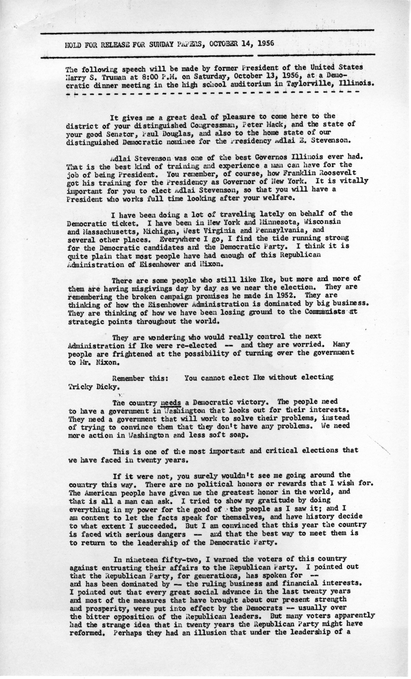 Press Release of Speech Delivered by Harry S. Truman in Taylorville, Illinois