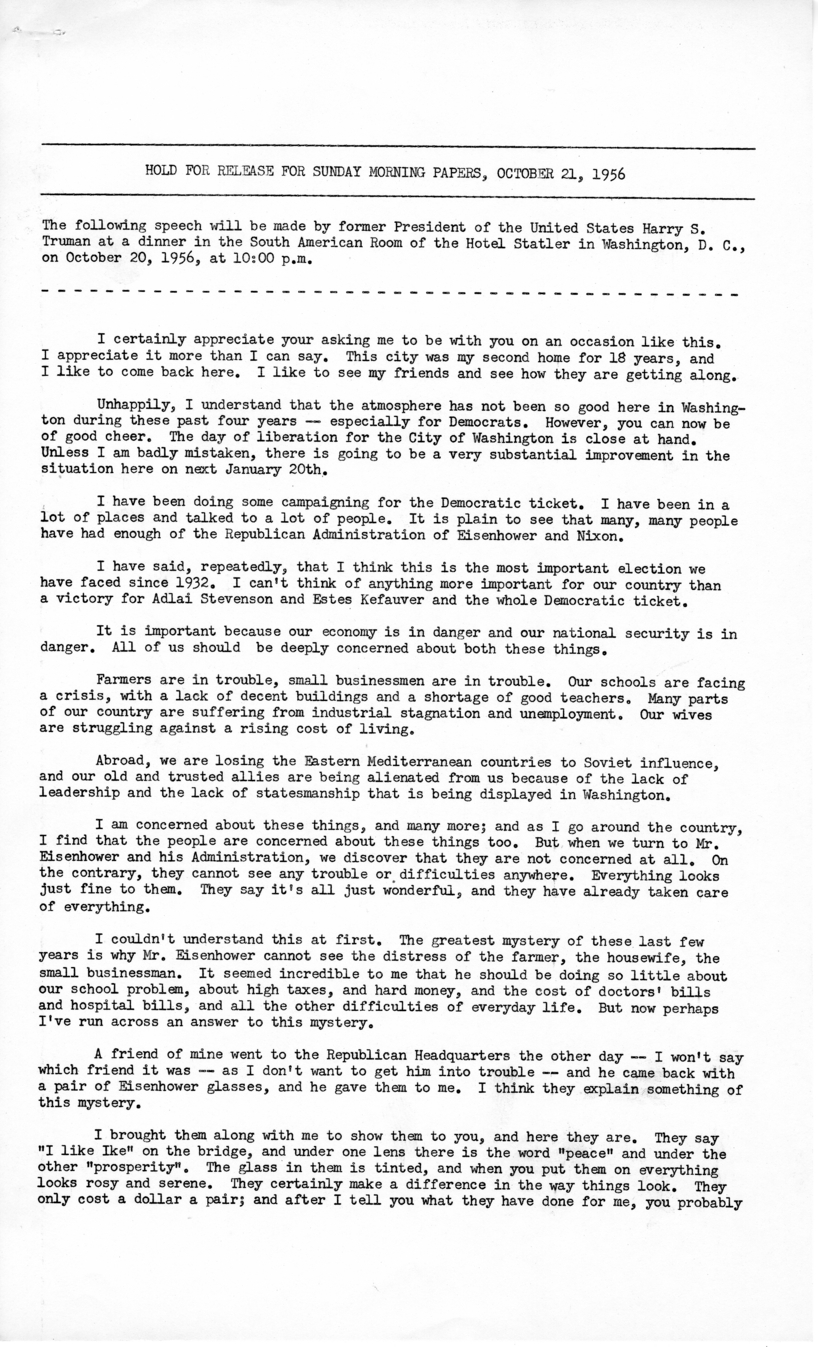 Press Release of Speech Delivered by Harry S. Truman, Washington, D.C.