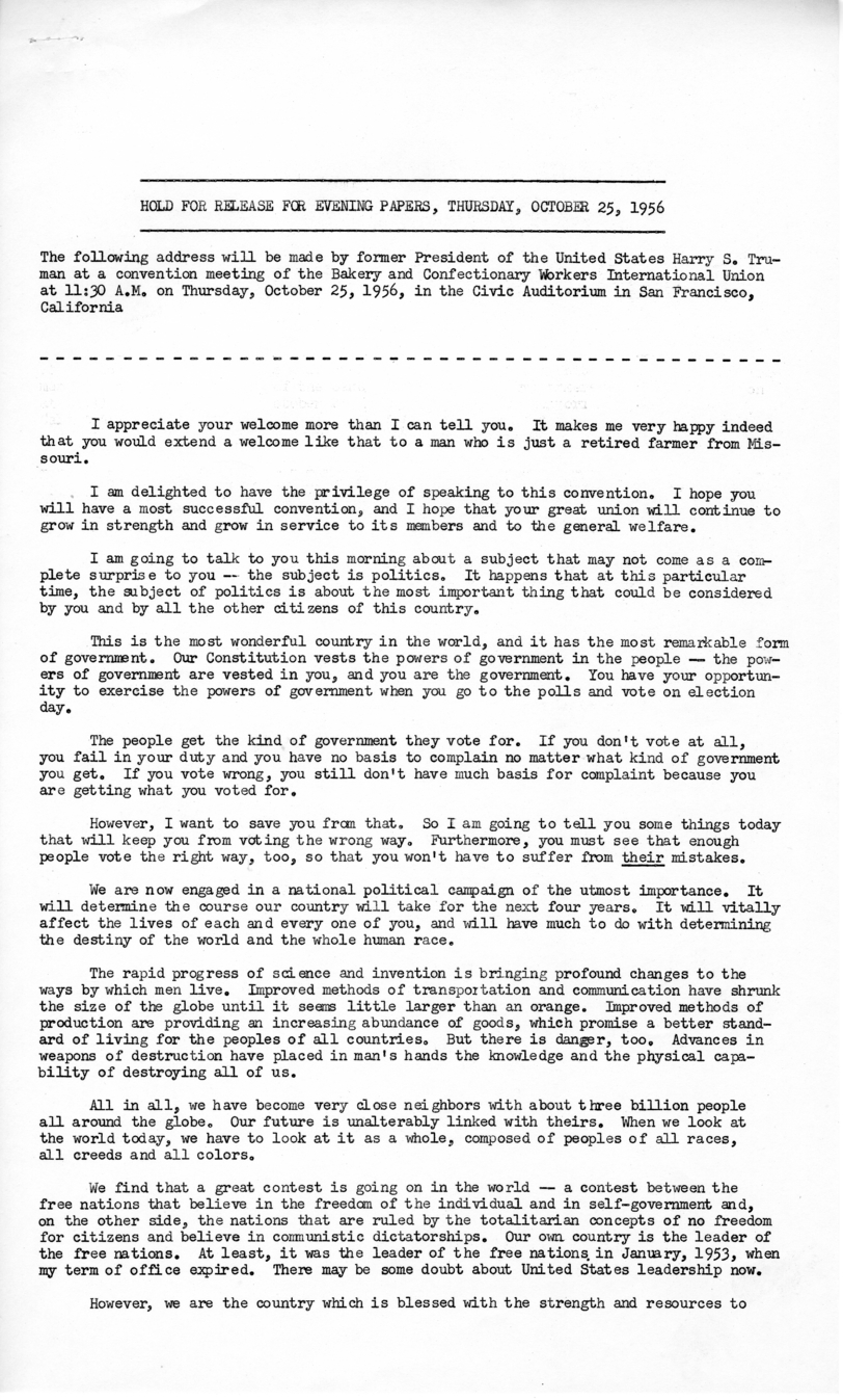 Press Release of Speech Delivered by Harry S. Truman in San Francisco, California