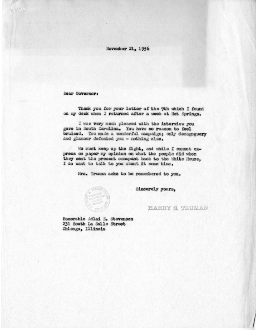 Correspondence Between Adlai Stevenson and Harry S. Truman