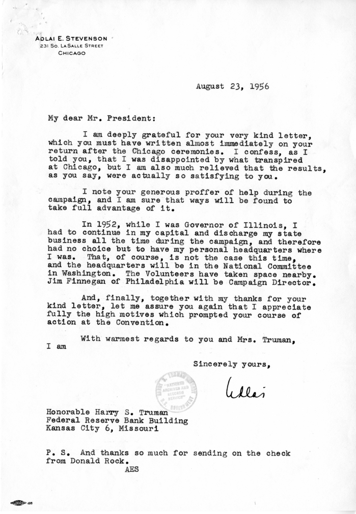 Correspondence Between Harry S. Truman and Adlai Stevenson with Related Material