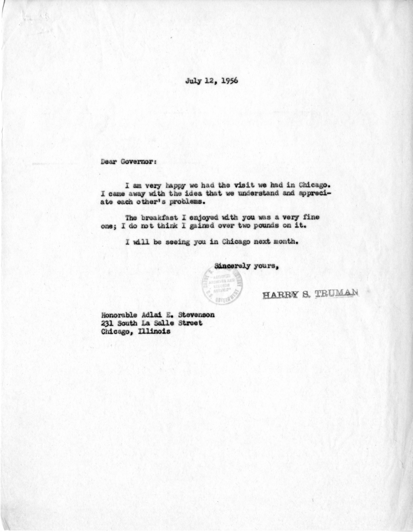 Correspondence Between Adlai Stevenson and Harry S. Truman