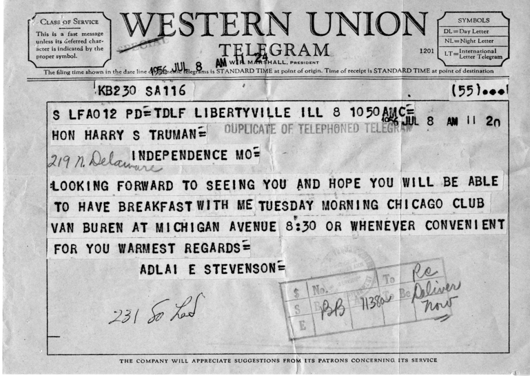 Correspondence Between Adlai Stevenson and Harry S. Truman