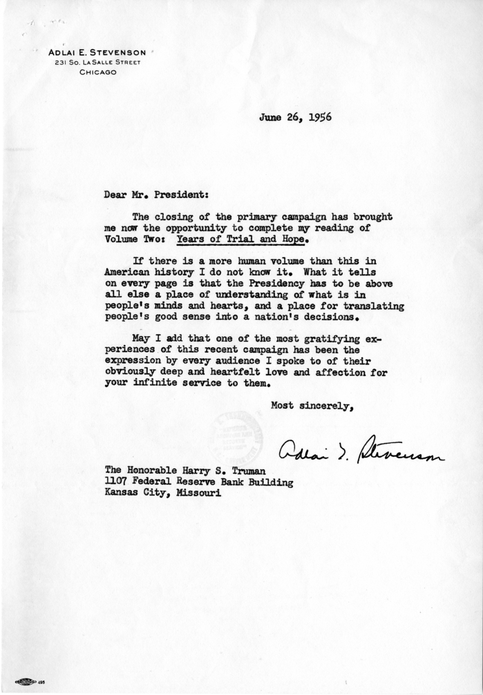 Correspondence Between Adlai Stevenson and Harry S. Truman