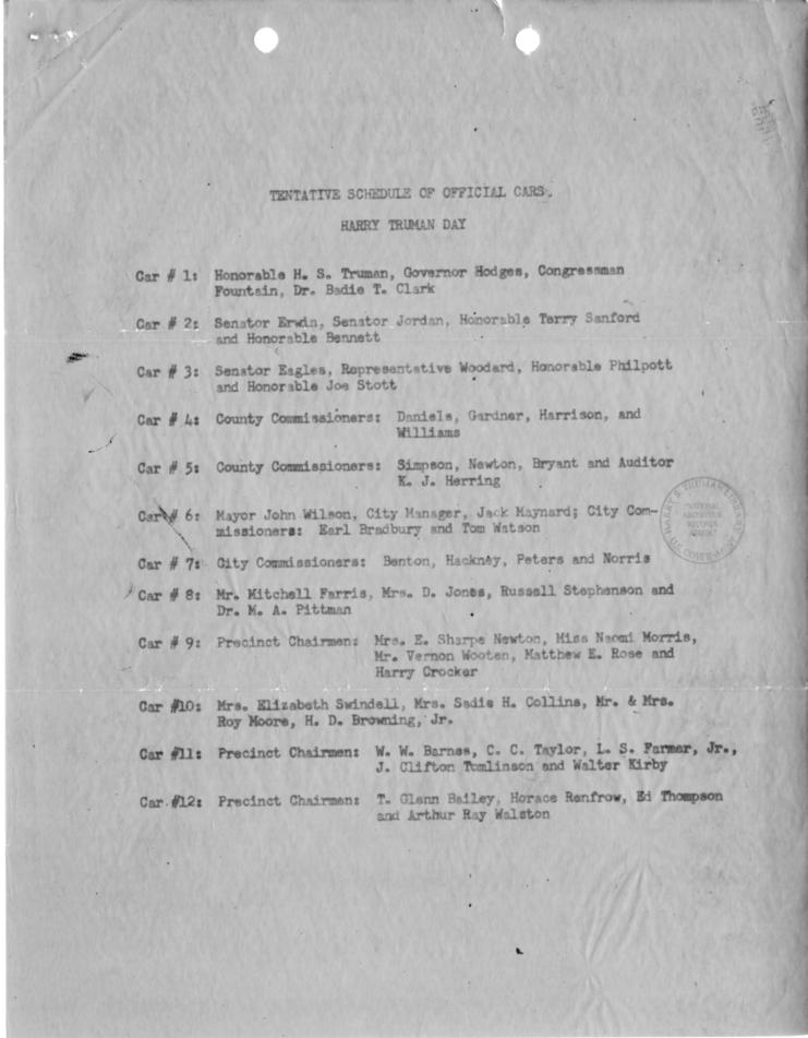 Travel Itinerary for Harry S. Truman to North Carolina and Virginia, With Related Material