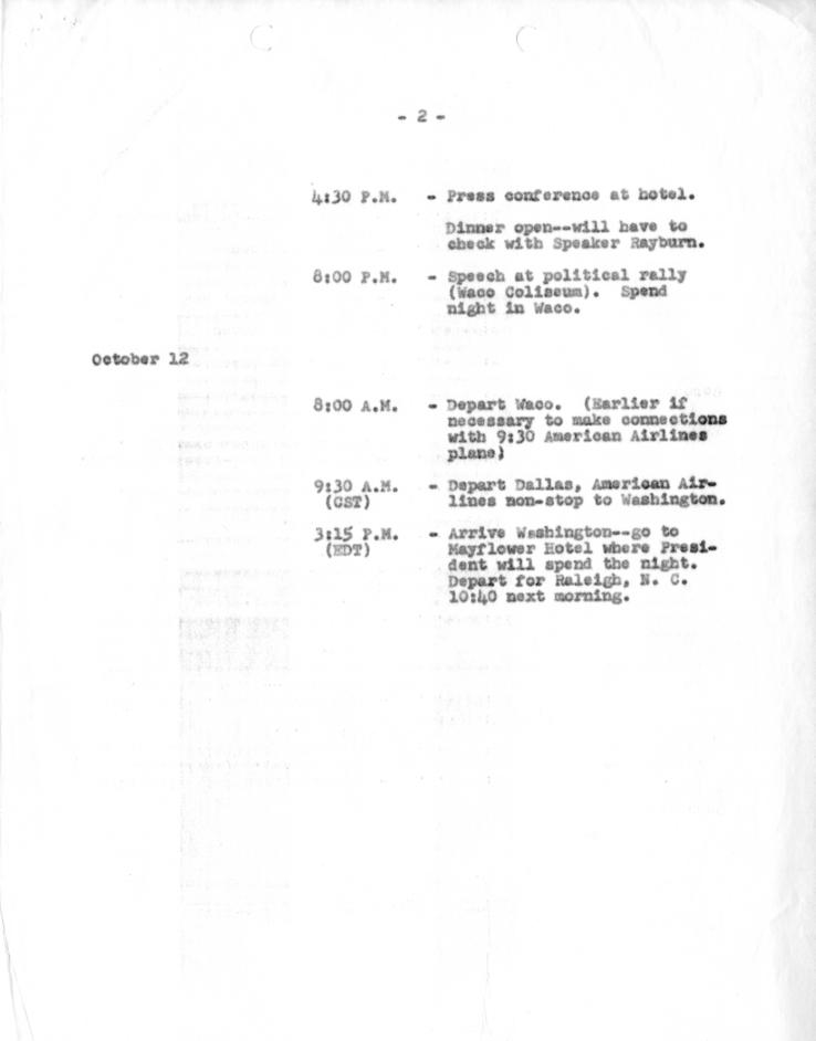 Travel Itinerary for Harry S. Truman to Texarkana, San Antonio, Johnson City, and Waco, Texas, With Related Material