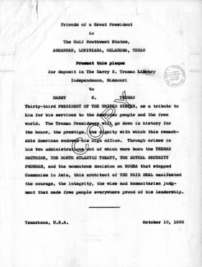 Travel Itinerary for Harry S. Truman to Texarkana, San Antonio, Johnson City, and Waco, Texas, With Related Material