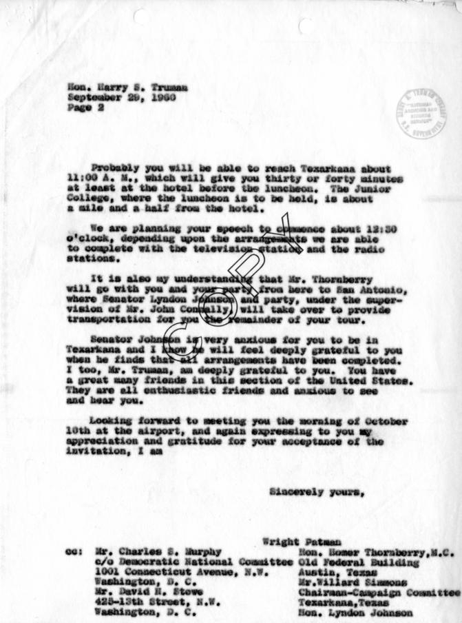 Travel Itinerary for Harry S. Truman to Texarkana, San Antonio, Johnson City, and Waco, Texas, With Related Material