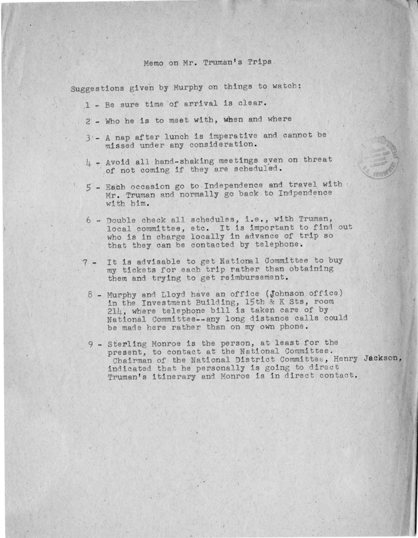 Memorandum on Mr. Truman's Trips