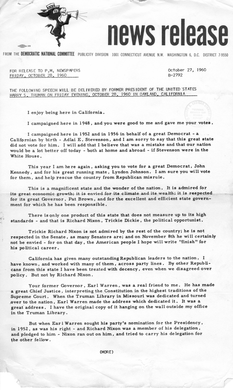 Press Release of Speech Delivered by Harry S. Truman in Oakland, California