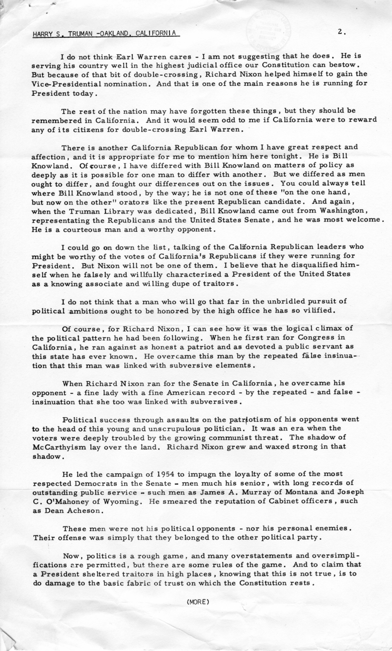 Press Release of Speech Delivered by Harry S. Truman in Oakland, California