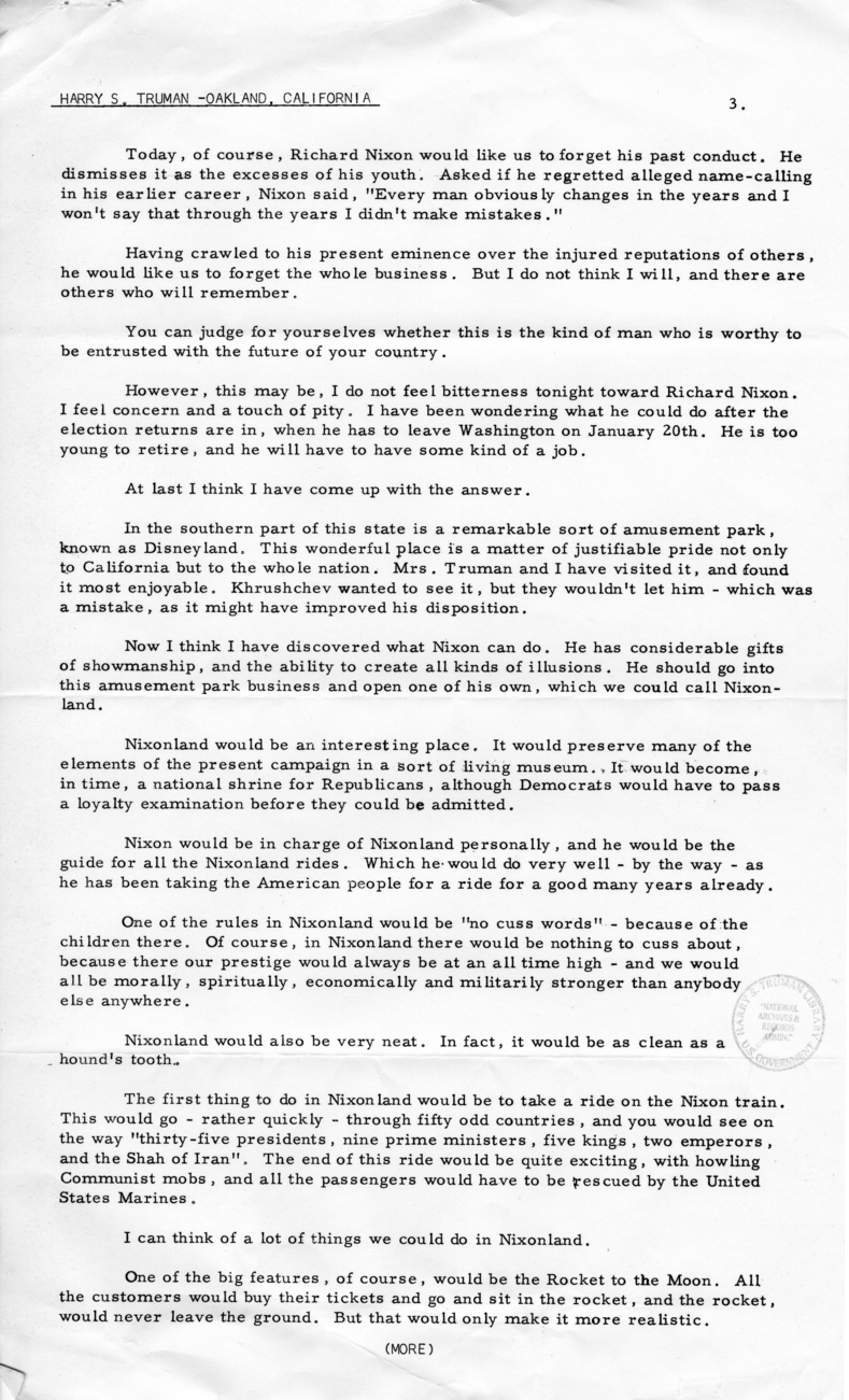 Press Release of Speech Delivered by Harry S. Truman in Oakland, California