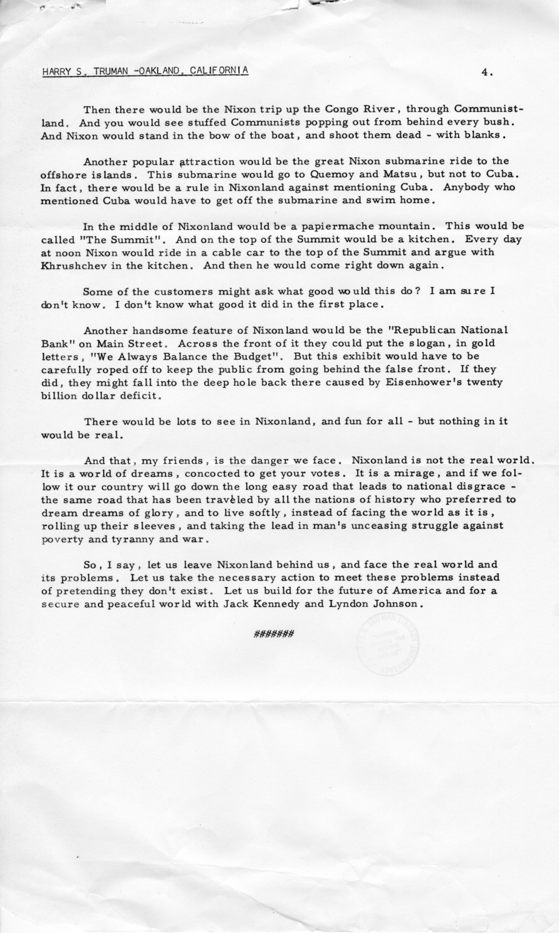 Press Release of Speech Delivered by Harry S. Truman in Oakland, California