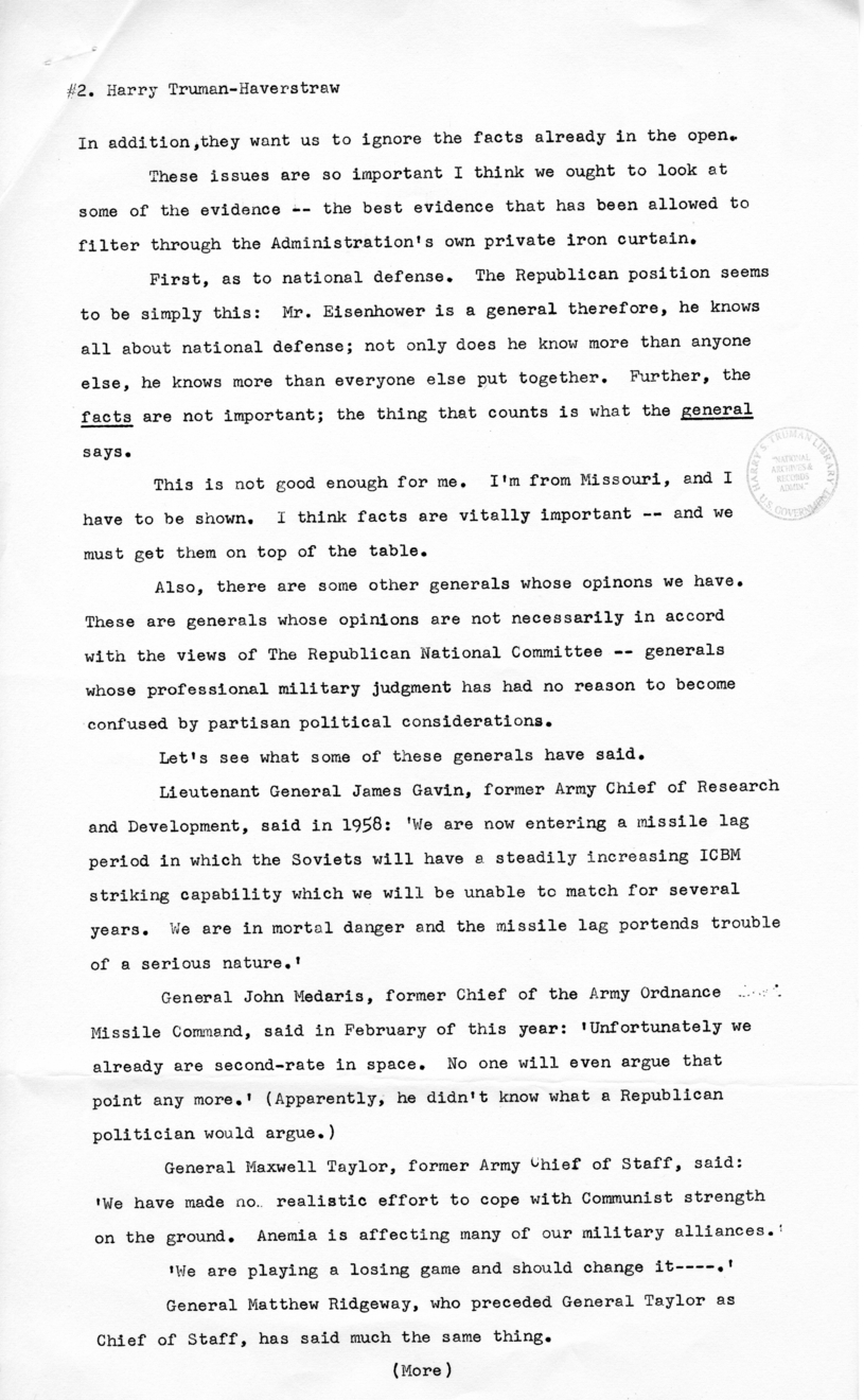 Press Release of Speech Delivered by Harry S. Truman in Haverstraw, New York