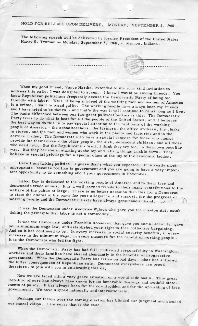 Press Release of Speech Delivered by Harry S. Truman in Marion, Indiana