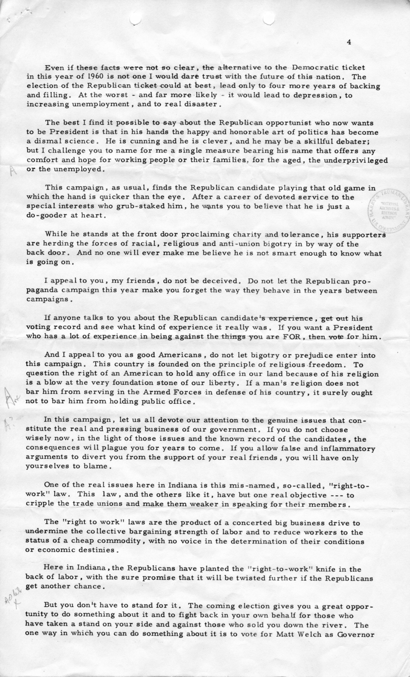 Press Release of Speech Delivered by Harry S. Truman in Marion, Indiana
