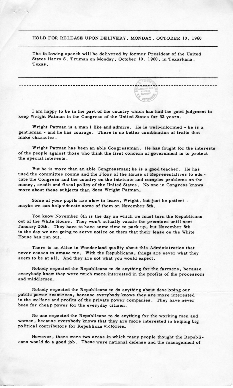 Press Release of Speech Delivered by Harry S. Truman, Texarkana, Texas