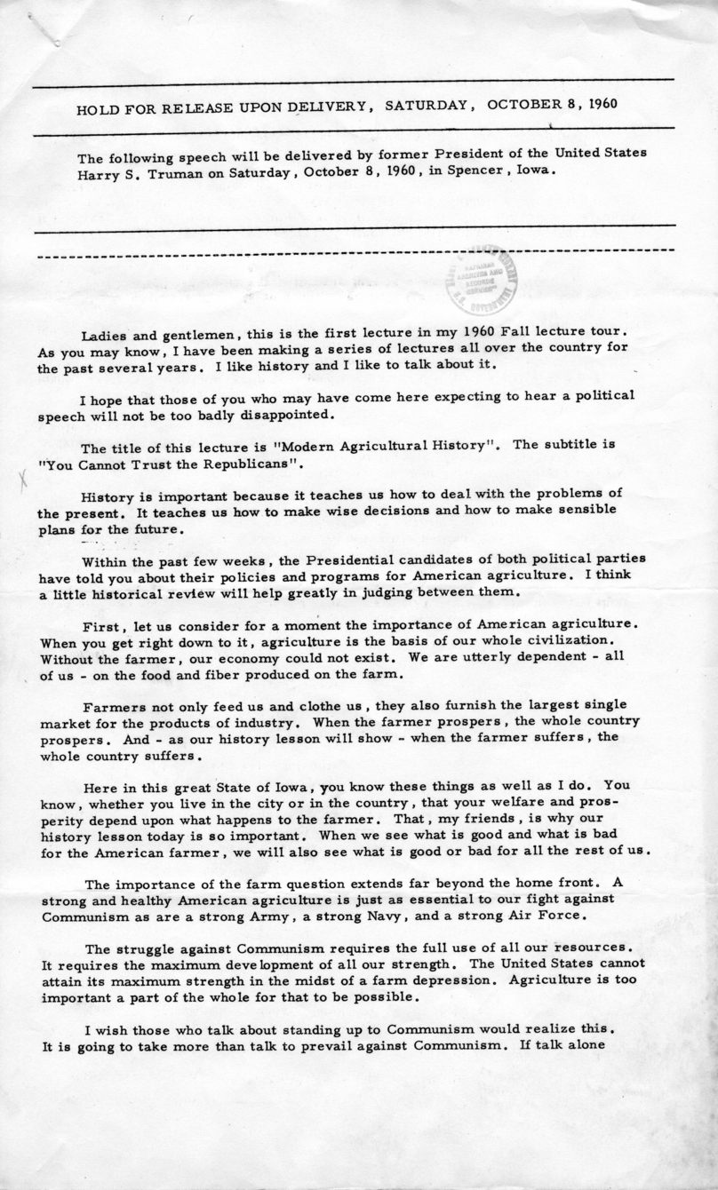Press Release of Speech Delivered by Harry S. Truman in Spencer, Iowa