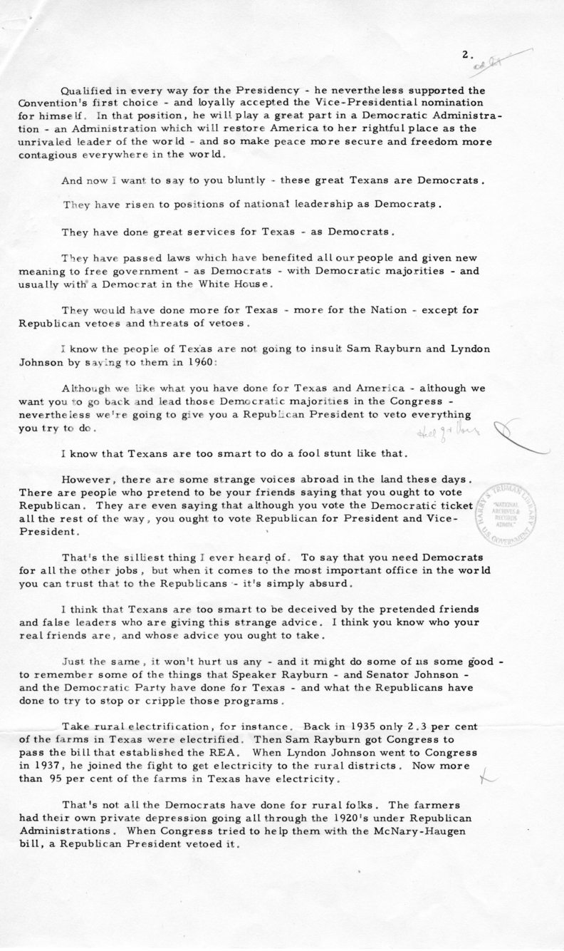 Press Release of Speech Delivered by Harry S. Truman in San Antonio, Texas