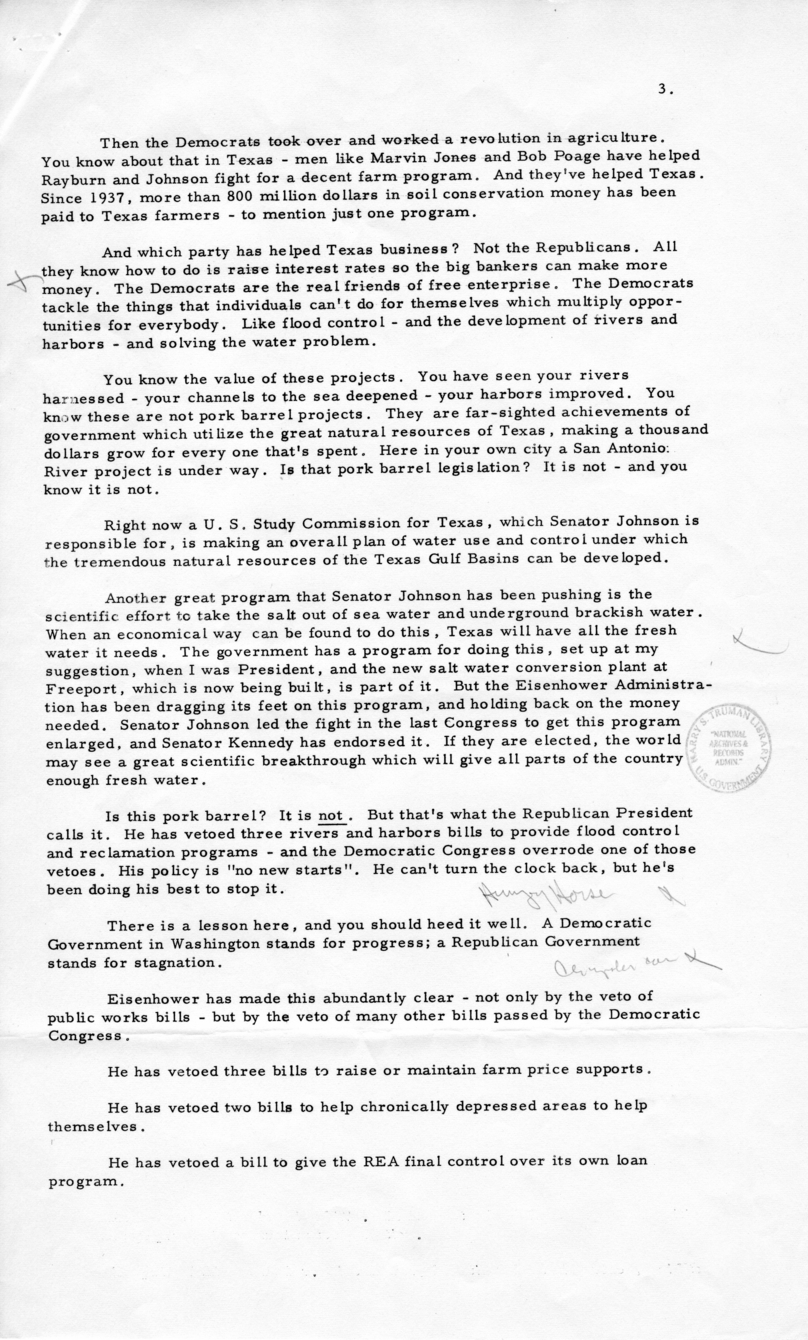 Press Release of Speech Delivered by Harry S. Truman in San Antonio, Texas