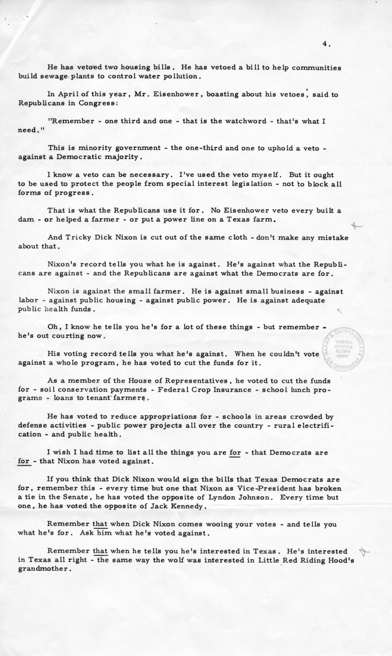 Press Release of Speech Delivered by Harry S. Truman in San Antonio, Texas