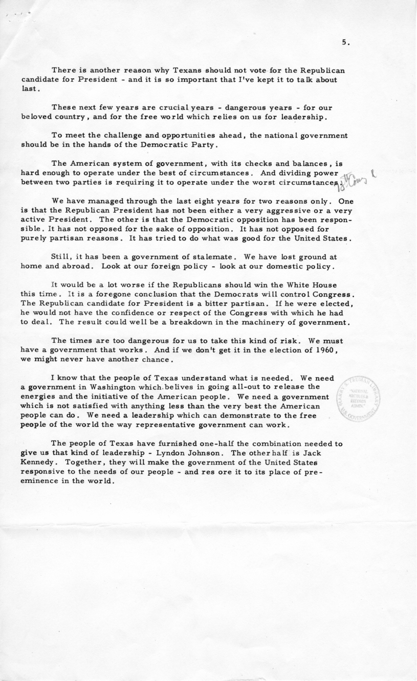 Press Release of Speech Delivered by Harry S. Truman in San Antonio, Texas