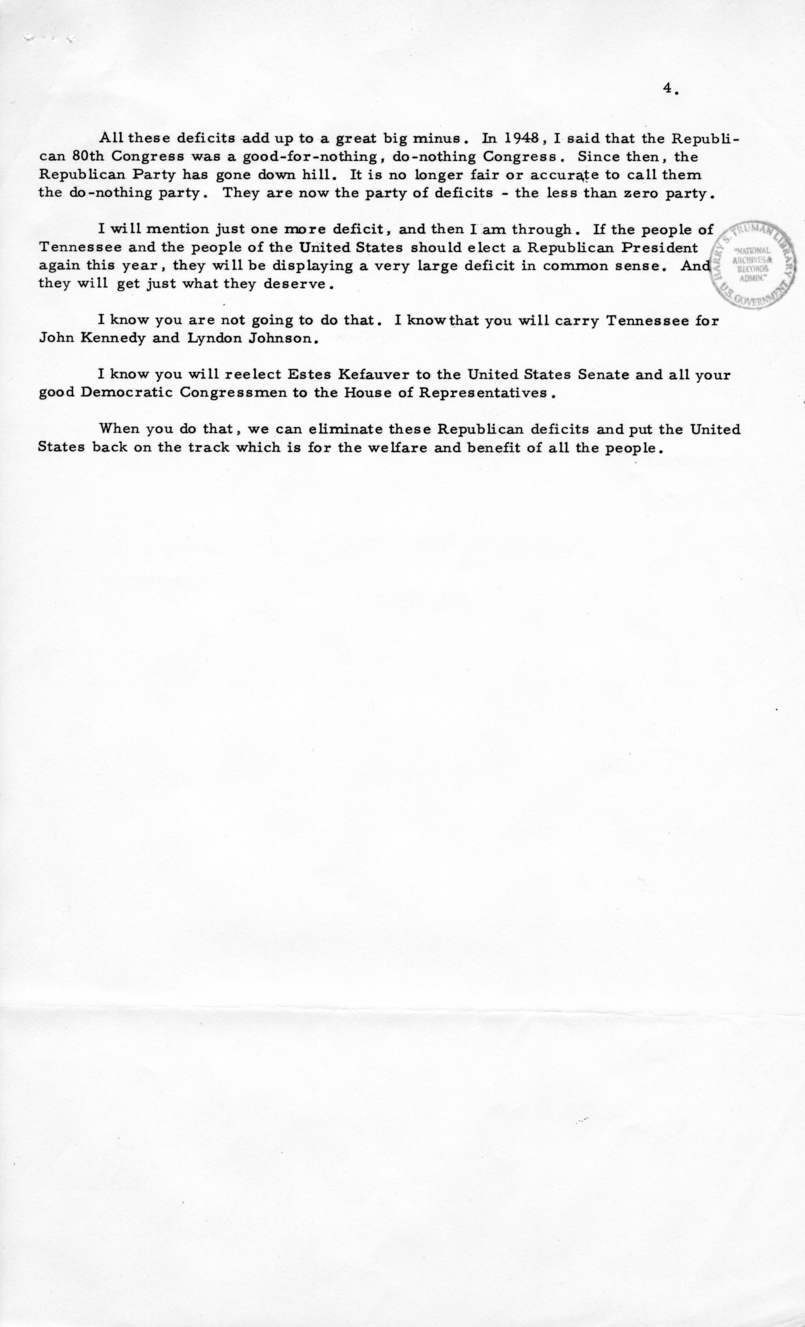 Press Release of Speech Delivered by Harry S. Truman in Trenton, Tennessee