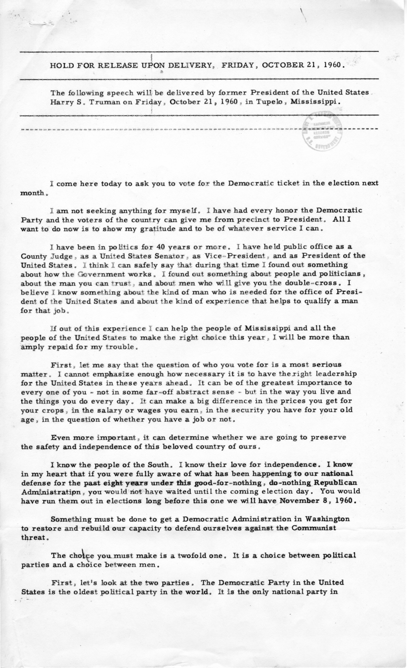 Press Release of Speech Delivered by Harry S. Truman in Tupelo, Mississippi