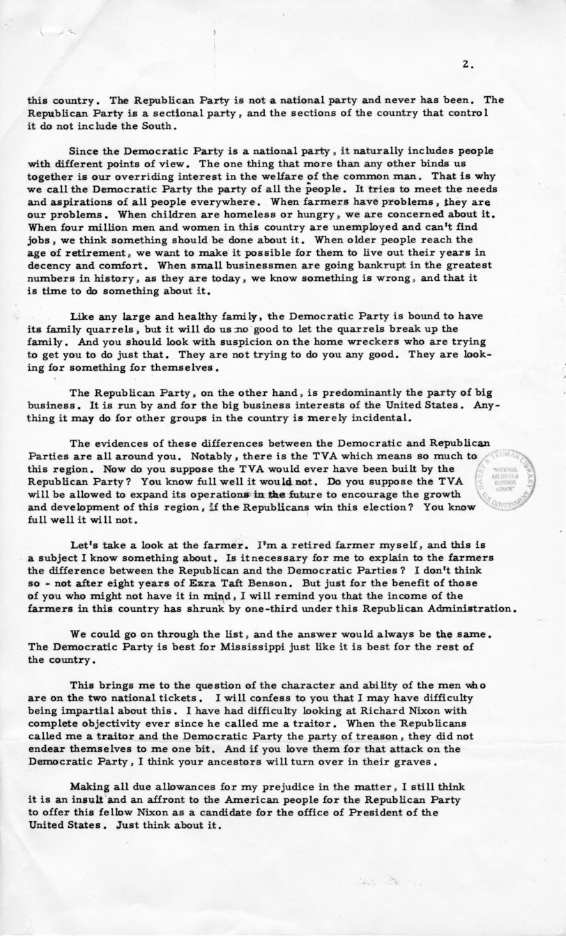 Press Release of Speech Delivered by Harry S. Truman in Tupelo, Mississippi