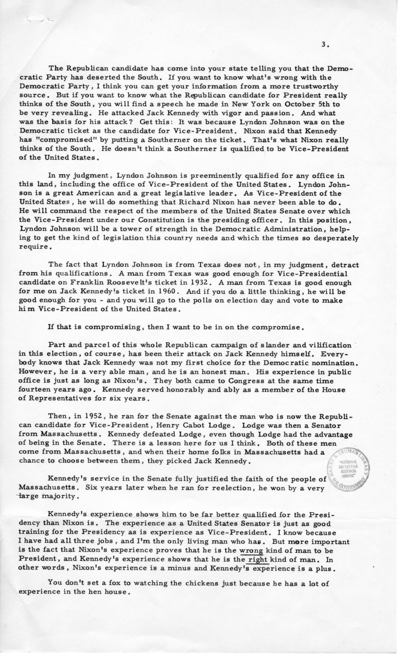 Press Release of Speech Delivered by Harry S. Truman in Tupelo, Mississippi