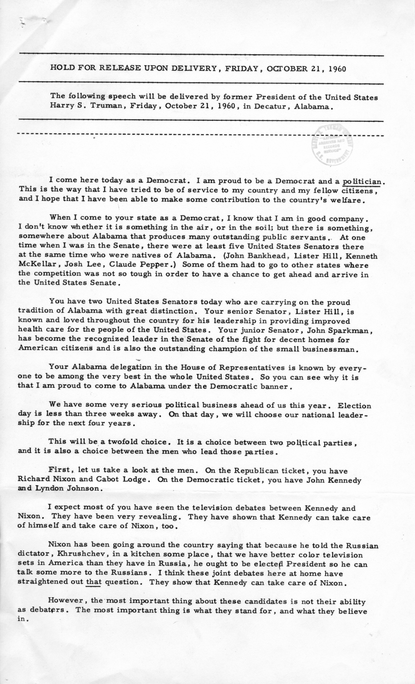 Press Release of Speech Delivered by Harry S. Truman in Decatur, Alabama