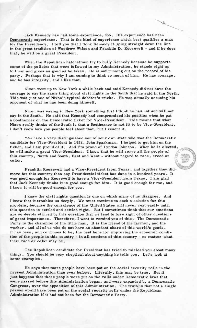 Press Release of Speech Delivered by Harry S. Truman in Decatur, Alabama